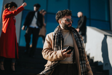 A group of fashionable young professionals walking outside in sunlight, one in focus holding a...