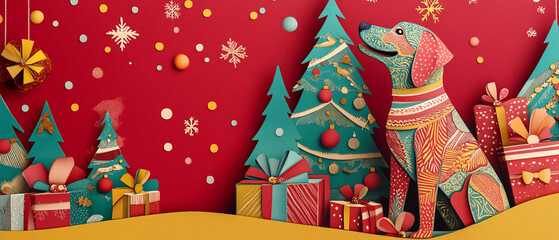 Obraz premium Bracco Italiano Dog in a Festive Christmas Papercut Design Perfect for Holiday Decor Greeting Cards and Seasonal Artwork Featuring a Playful Canine in a Winter Wonderland Setting