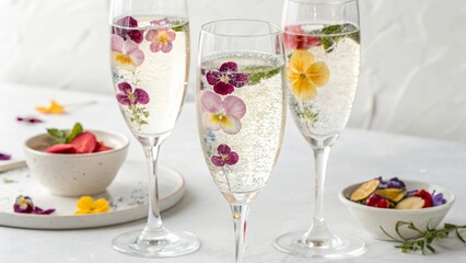Elegant champagne flutes filled with sparkling beverage and garnished with colorful edible flowers arranged on a simple table setting