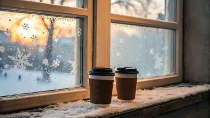 Coffee cups resting on a windowsill near frosted glass with snowflakes, capturing the warmth of winter mornings at sunrise