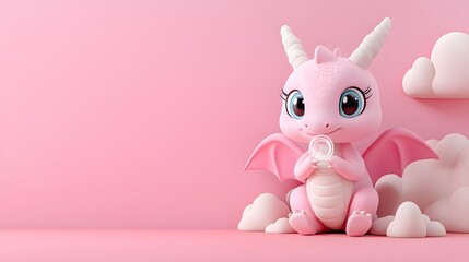 Adorable Pink Baby Dragon on Clouds, Digital Illustration