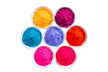 Top-down view of multiple round plates filled with vibrant Gulal powders, neatly arranged in a circular pattern on a white background.
