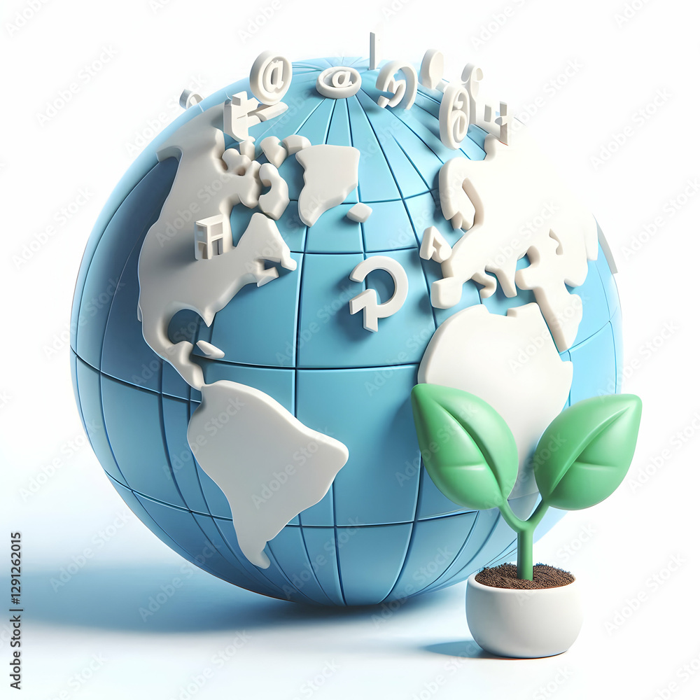 Poster 3d globe and seedling on white background concept as a globe with a small seedling growing next to i