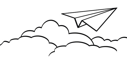 Tourism, paper airplane flies above the clouds in the sky. Air plane flight route. Vector Aircraft and cloud sign. For summer vacation or holiday. Travel, navigation destination.