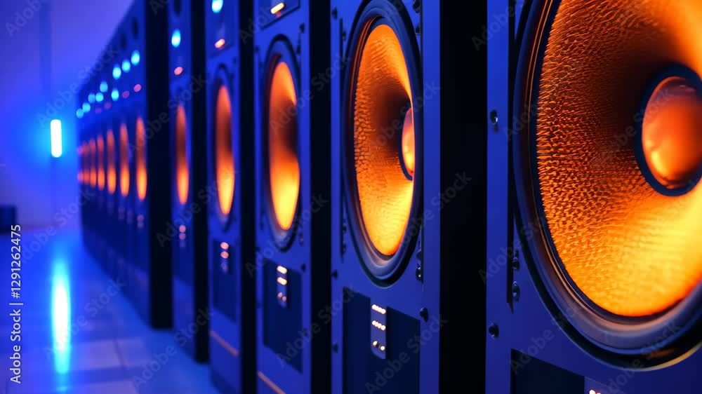 Poster vibrant illuminated speakers enhancing the atmosphere of an energetic music event, a row of powerful