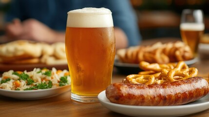 A hearty German beer hall feast with bratwurst, pretzels, sauerkraut, and frothy steins of lager