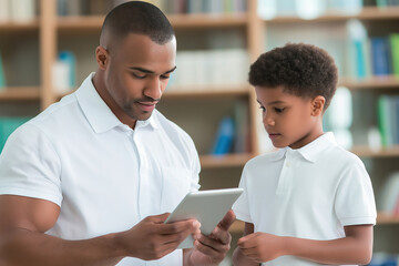 Father and son engage with tablet in modern library during afternoon study session