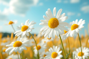 Fototapeta premium Golden Daisy Field in Warm Sunlight – Beautiful Summer Nature Landscape with White Flowers, perfect for nature photography, floral backgrounds, and summer themes.