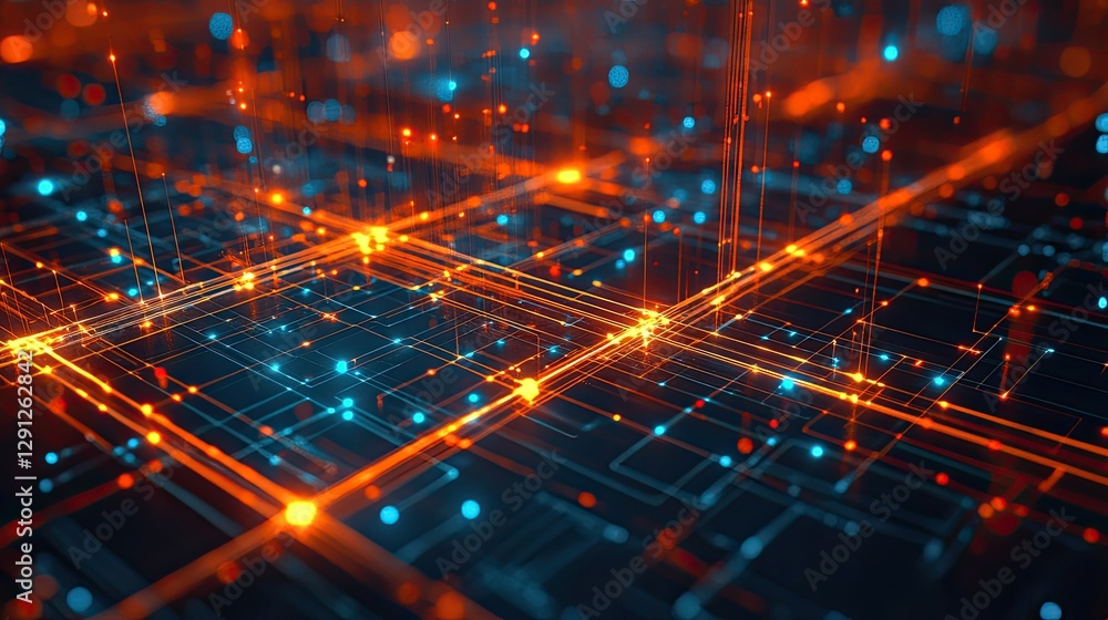 Poster an abstract image of digital blocks and lines interconnecting, representing technology integration i