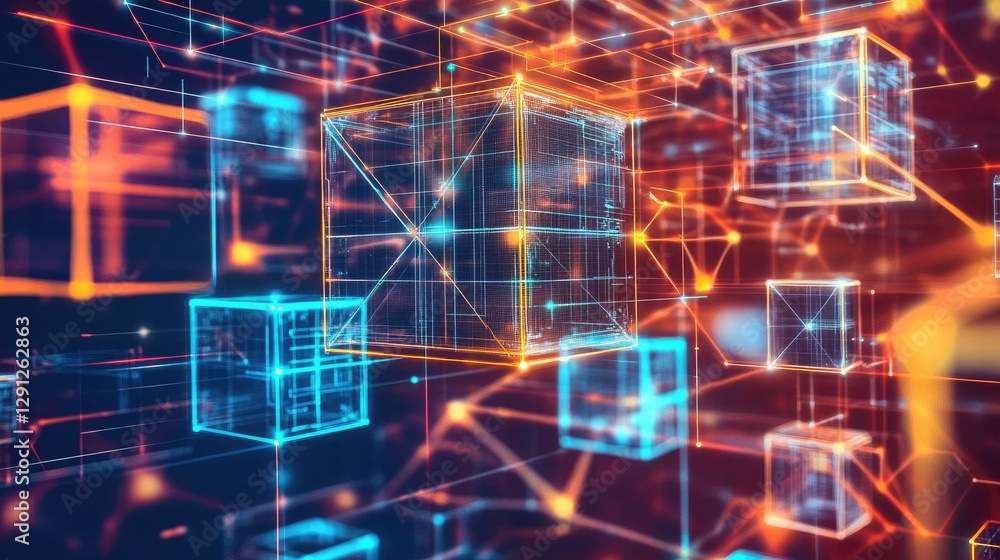 Poster an abstract image of digital blocks and lines interconnecting, representing technology integration i