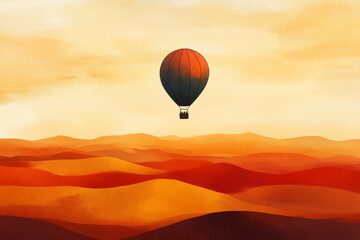 Obraz premium Illustration of a hot air balloon flying over a vast desert at sunrise. The rich oranges and reds of the sand contrast with the soft pastel colors of the morning sky, creating a stunning scene of
