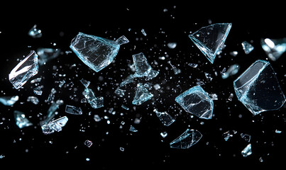 Broken glass close-up, shooting, broken glass in the air, explosion, debris, sharp, commercial, poster, backpicture, advertisement, wallpaper, background, sports, studio level shooting