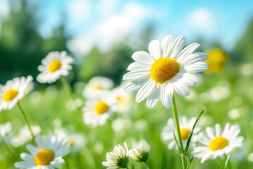 Fototapeta premium Sunny Daisy Field Under Blue Sky – Beautiful Spring Nature Landscape with White Flowers, perfect for nature photography, springtime themes, and floral backgrounds.