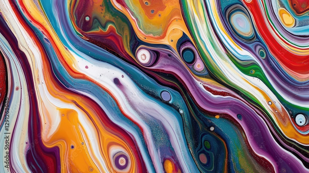 Poster an abstract pattern formed by swirls of paint, blending together to create dynamic colors.