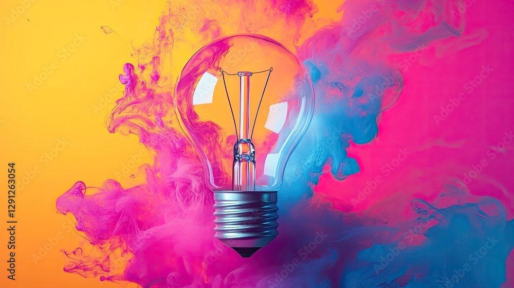 Poster an abstract shape blending into a lightbulb, representing the creative process of blending ideas to 