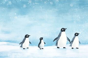 Obraz premium Illustration of a family of penguins waddling across the icy landscape, with snowflakes gently falling from the sky. The adorable little penguins look curious and playful, adding a sense of fun to the