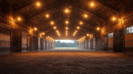 A beautifully lit empty barn interior showcasing rustic charm and spaciousness with soft lighting and an inviting atmosphere