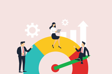 Employee Skills Performance concept. Vector cartoon illustration of a group of diverse people working in front of a meter and increasing its readings. Isolated on background.