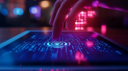 Finger taps tablet screen; glowing code; city night