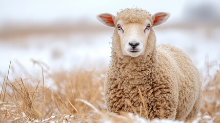 Obraz premium A serene winter scene featuring a fluffy lamb in a snowy field with golden grass, exuding a sense of calm and innocence.
