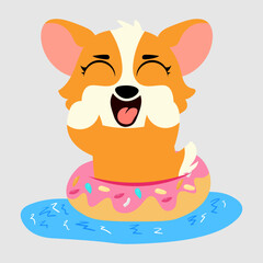 Happy corgi floating in a pink donut-shaped swim ring on water. The cheerful dog enjoys summer fun, making it perfect for beach-themed designs, greeting cards, stickers, digital illustrations
