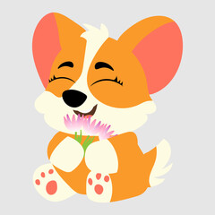 Happy corgi holding pink flowers with a joyful expression. The fluffy puppy sits with a cute smile, making it perfect for greeting cards, stickers, pet-themed prints, invitations