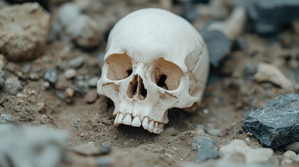 Skull resting on gravelly ground; death, mystery, archaeology