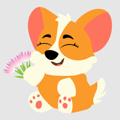 A happy corgi holds pink flowers with a joyful expression on his face. The adorable dog sits with a cute smile, making it perfect for greeting cards, stickers, prints, pet-themed designs and digital i