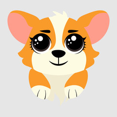 Cute corgi with big sparkling eyes and a gentle expression. The fluffy puppy rests its paws on a surface, looking sweet and friendly. Perfect for greeting cards, stickers, pet designs, and digital art