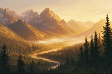 Obraz premium A serene mountain landscape at sunrise, with mist rolling over the peaks and golden light illuminating the valley. A river winds through the forest below, reflecting the warm hues of the sky. The