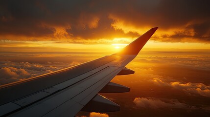 A beautiful shot of a commercial airplane's wing against a golden sky during sunset, highlighting the airplane's streamlined design.