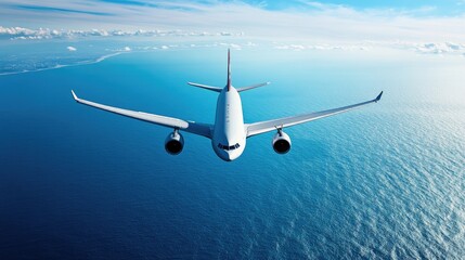 Fototapeta premium A beautiful, clear sky with an airplane flying high above the ocean, showing the vastness of the transatlantic journey over the deep waters.