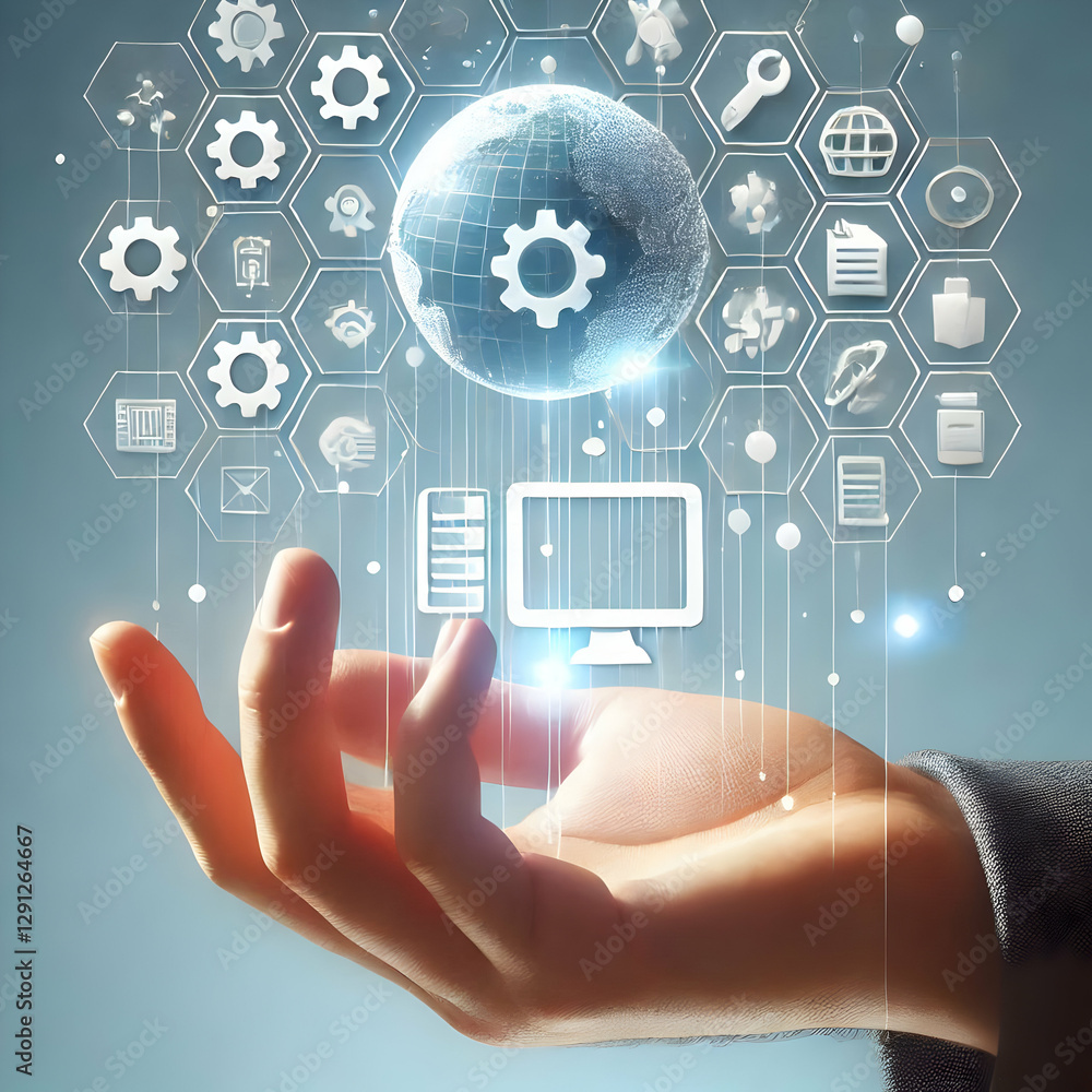 Poster 3d hand showcasing holographic productivity icon: enhance productivity with low code automation in a