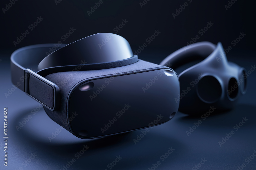 Aufkleber modern virtual reality headset and controller resting on a sleek surface in dim lighting