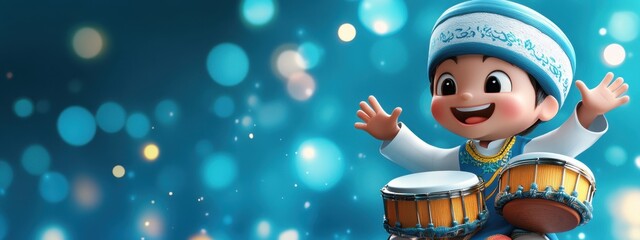 Joyful Animated Character Playing Drums in a Vibrant Blue Background Filled with Bokeh Effects