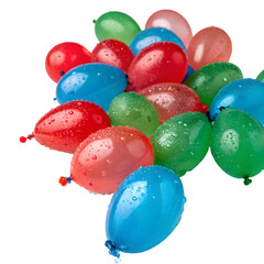 Realistic, glossy water balloons filled with vibrant colored water in red, blue, and green, scattered randomly on a white background.
