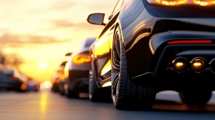 A line of sleek, dark-colored cars on a road at sunset.  The focus is on the rear of a modern sports car, showcasing its design elements and  the warm glow of the setting sun.
