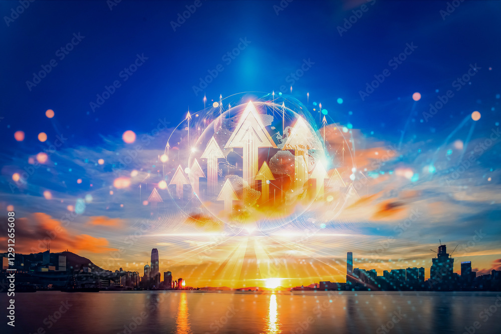 Poster hong kong skyline glows at sunset, embodying a business concept of growing up and upward progress. a