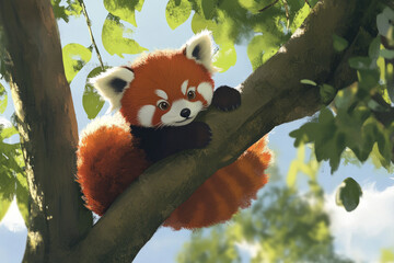 Fototapeta premium A playful red panda clinging to a tree branch, its fluffy tail curled around the bark while its curious eyes gaze directly ahead.