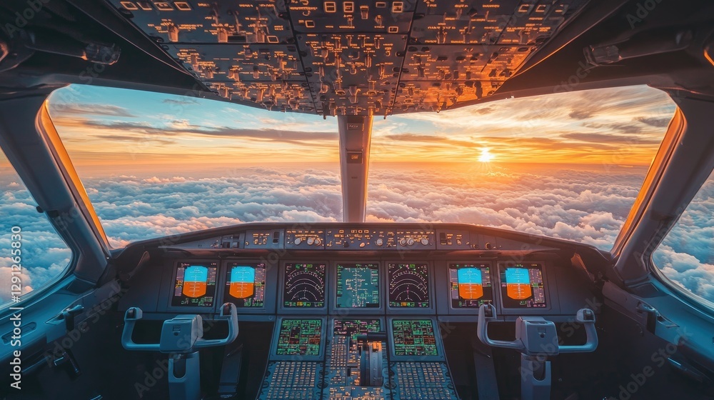 Aufkleber a clear cockpit window framing a beautiful view of the clouds and airplane's wing, with flight instr