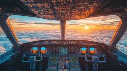 Obraz premium A clear cockpit window framing a beautiful view of the clouds and airplane's wing, with flight instruments in the foreground.