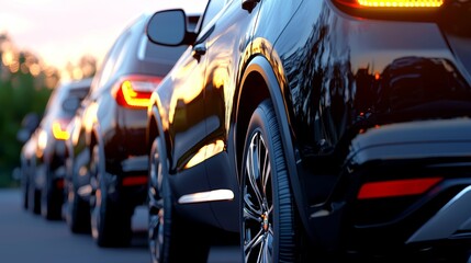 Close-up view of a row of black SUVs, tailgates and rear wheel details, sunlight reflecting off the vehicles. Dusk or dawn setting. Traffic jam or slow-moving line of cars.