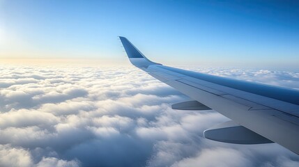 Obraz premium A close-up of an aircraft wing cutting through the clear sky, with the faint outline of distant land visible beneath the clouds.
