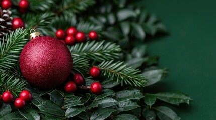 Obraz premium Christmas ornaments on greenery, festive display, deep green backdrop
