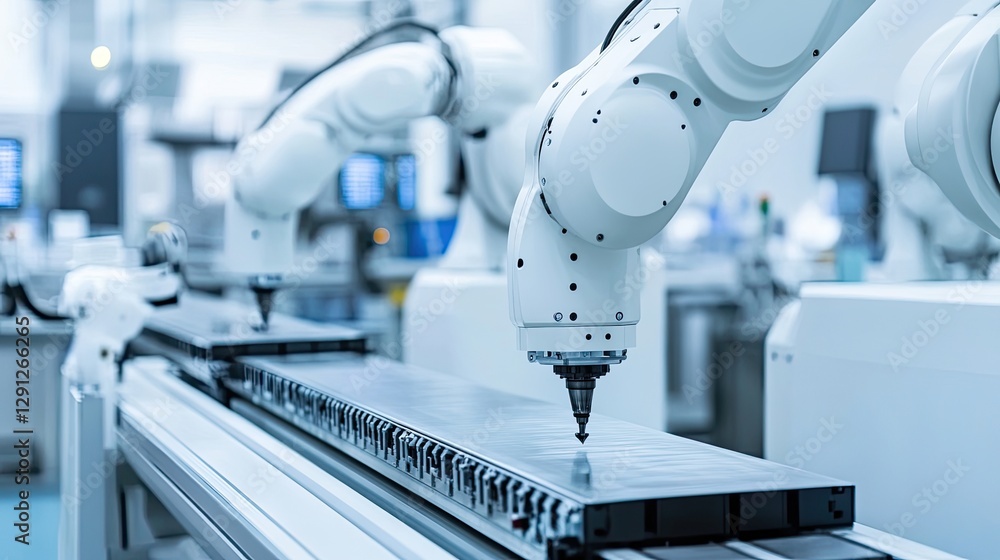 Poster a close-up of automated production machines working together in a factory, showcasing technology int