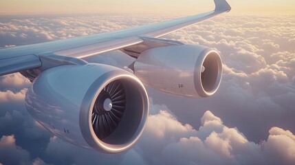 A close-up of a commercial airplane's engines mounted on the wings, with detailed texture and reflections of the clouds in the background.