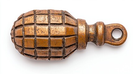 Bronze Colored Grid Patterned Grenade Replica on White Background