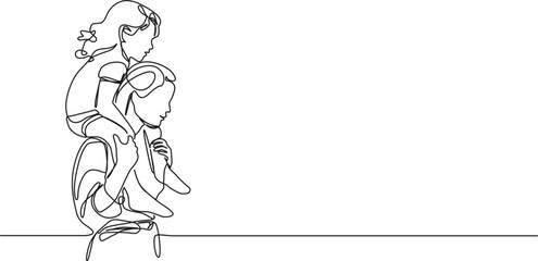 continuous single line drawing of mother carrying daughter on her shoulders, line art vector illustration