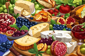 Illustration of a delicious spread of gourmet food, including an assortment of cheeses, fruits, and artisan bread. The vibrant colors and textures of the food create a mouthwatering scene that feels