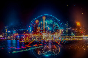 Obraz premium Hong Kong business concept of growing up represented by glowing arrows moving upwards against a vibrant cityscape backdrop.